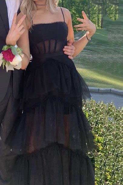 Simple A-Line Layered Tulle Black Prom Dresses, Long Party Dance Dresses SH561
