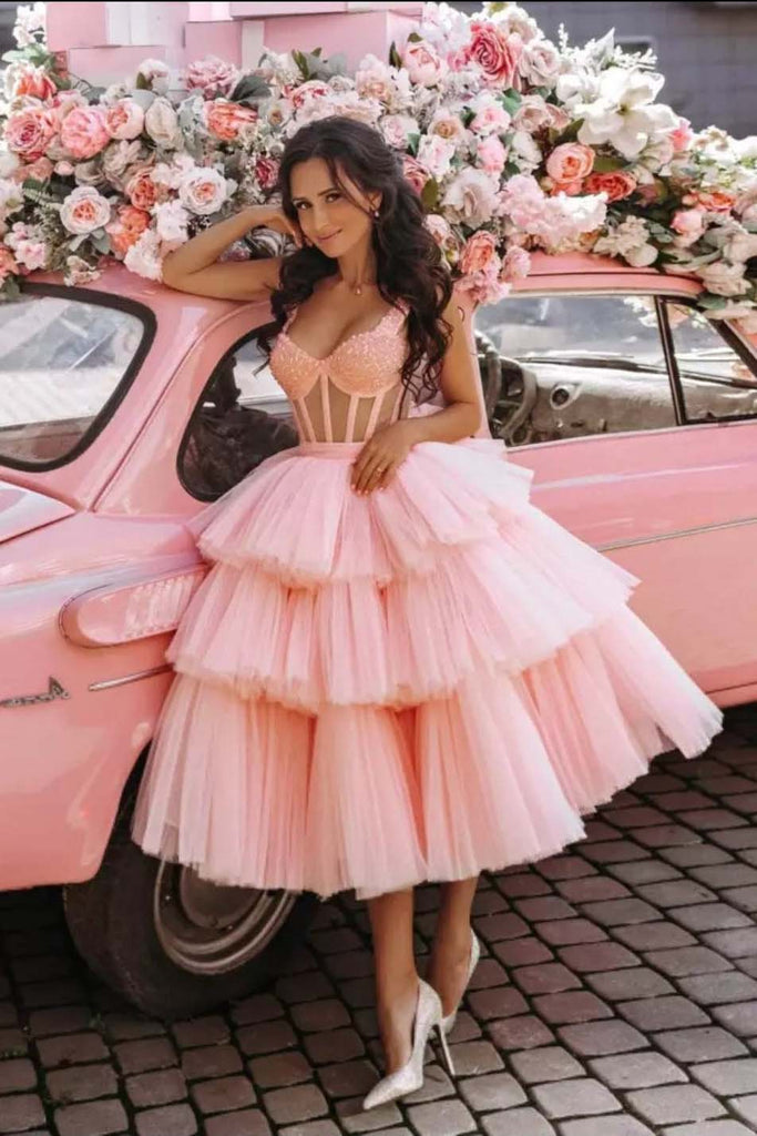 Ball Gown Sweetheart Beaded Crystal Tiered Pink Short Prom Dresses, Homecoming Dress SH562