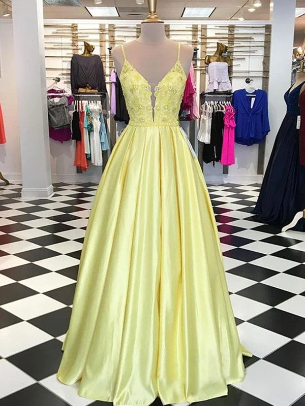 Yellow satin long prom dress yellow formal dress P6560