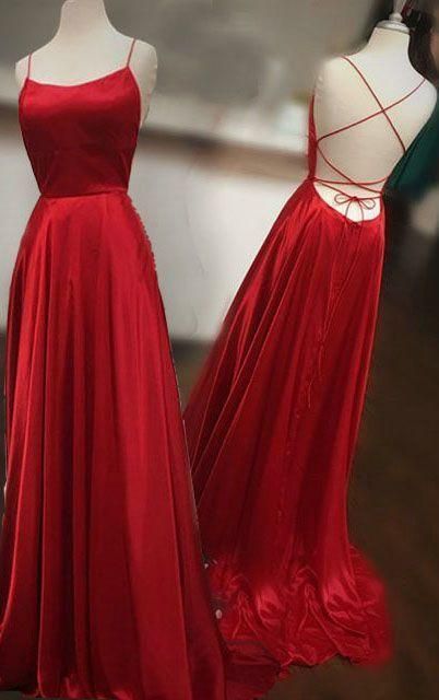 red long prom dress with spaghetti straps, lace up back and side slit  cg7494