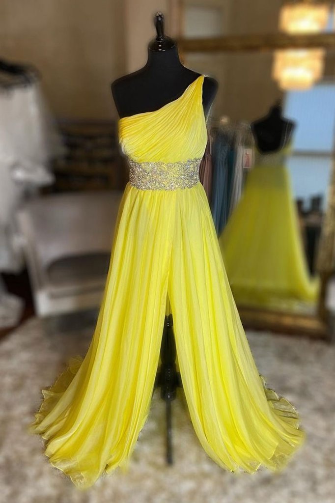 Yellow one shoulder tulle long prom dress yellow evening dress KS3973