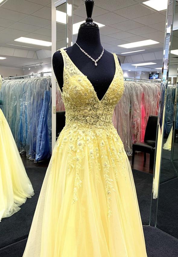 Yellow v neck tulle lace prom dress evening dress KS4158