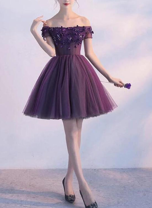 Beautiful Purple Off Shoulder Homecoming Dress, Short Prom Dress KS5825