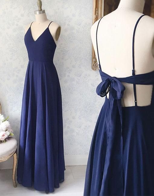 1288,Simple blue v neck chiffon long prom dress, evening dress