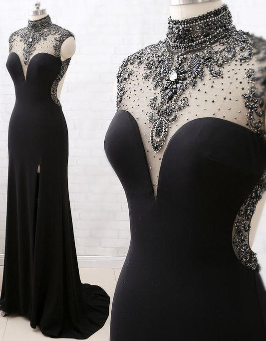 Mermaid High Neck Beaded Jersey Black Formal Evening prom Gown with Slit  cg6523