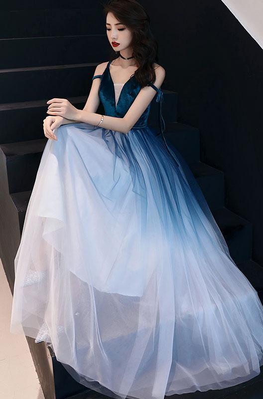 Simple navy blue tulle long prom dress, green tulle evening dress  cg6595