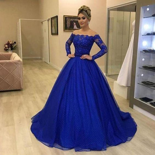 royal blue prom dresses long sleeve detachable skirt ball gown lace evening dresses  cg6965