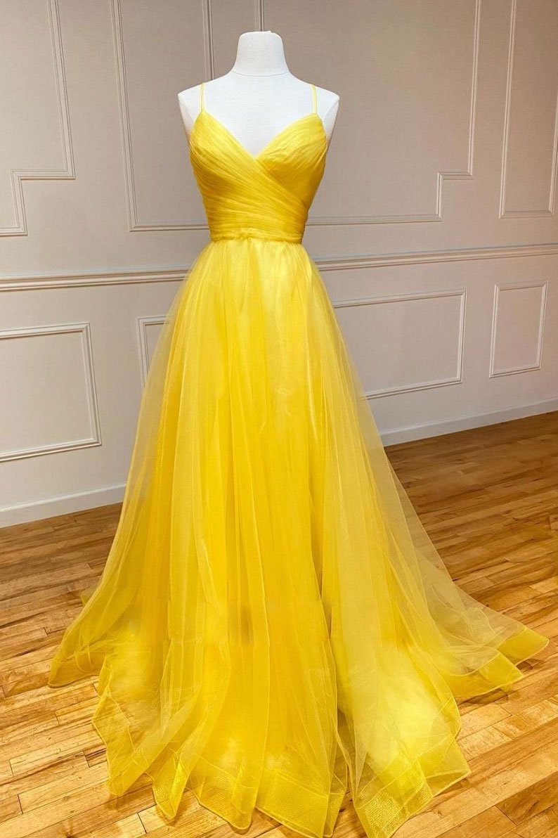 Yellow v neck tulle long prom dress yellow formal dress KS3368