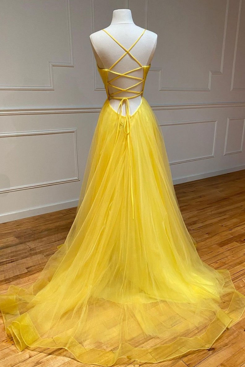 Yellow v neck tulle long prom dress yellow formal dress KS3368