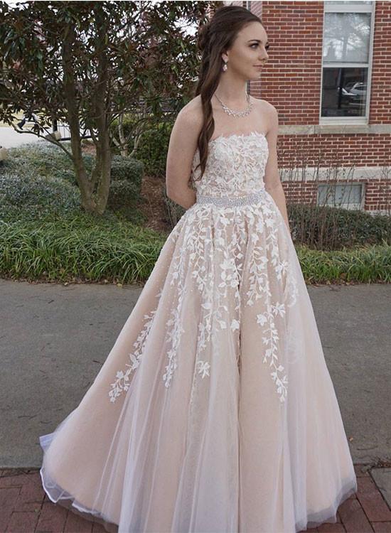 Custom made champagne lace tulle long prom dress, A line evening dresses KS3322
