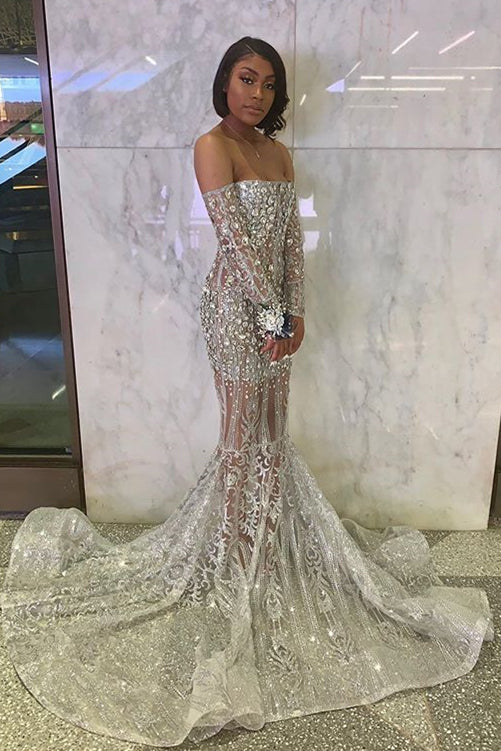 Long Sleeve Off The Shoulder Silver Black Girl Prom Dresses Mermaid Sexy Illusion Beads Crystals Evening Gowns Cheap BC3685