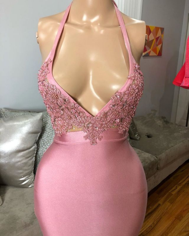 Black Girl Prom Dresses Mermaid Sleeveless Pink Prom dresses | Sexy Beads Appliques Evening Dresses BC4125