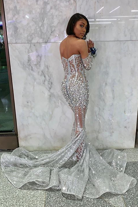 Long Sleeve Off The Shoulder Silver Black Girl Prom Dresses Mermaid Sexy Illusion Beads Crystals Evening Gowns Cheap BC3685