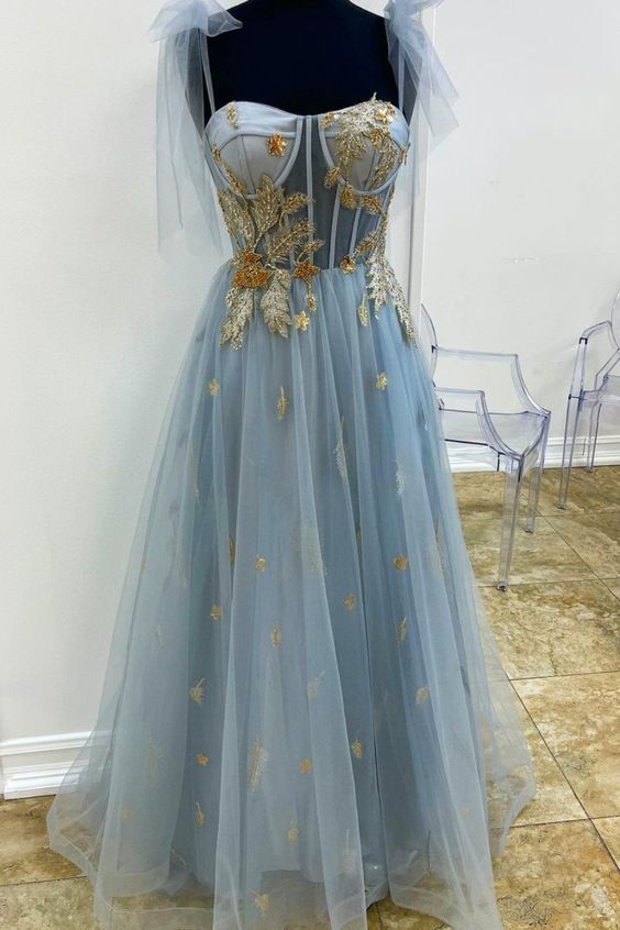 A-line blue and gold appliqed long formal dress prom dress KS5542