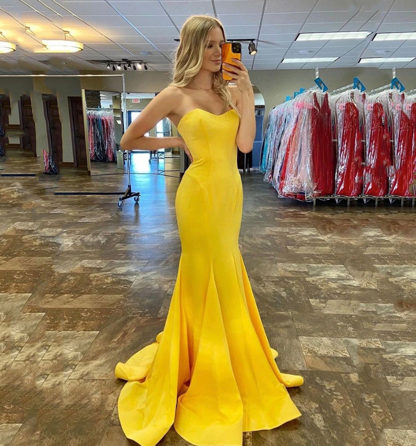 Yellow satin long prom dress mermaid evening dress KS5755
