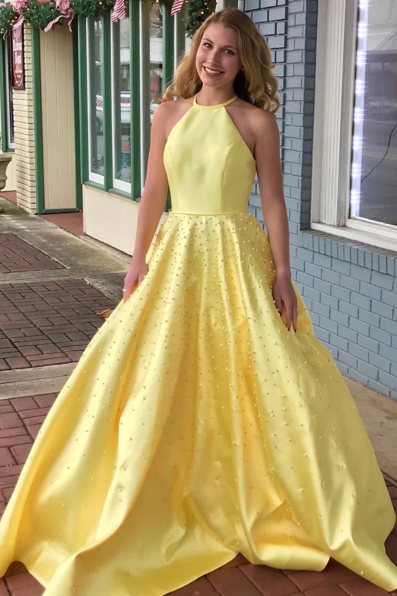 Yellow satin beads long prom dress yellow formal dress P8186