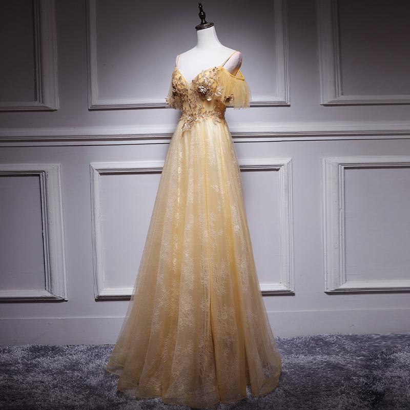 Light Champagne Lace Straps Sweetheart Long Party Dress, A-line Floor Length Prom Dress KS4890