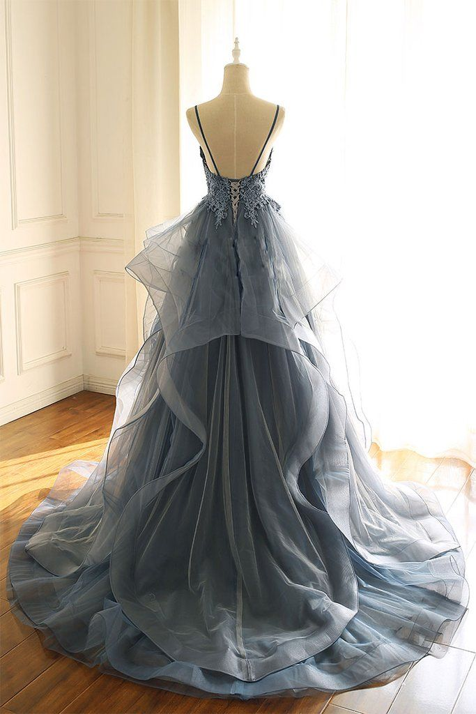 tulle long prom dress with spaghetti straps and ruffled floor length skirt P01330