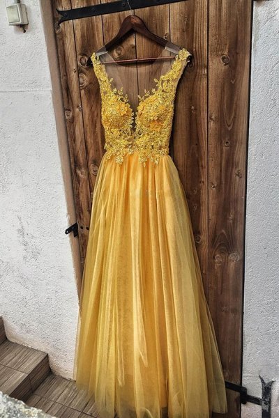 Yellow Tulle Lace Simple Floor Length Prom Dress, Bridesmaid Dress D055