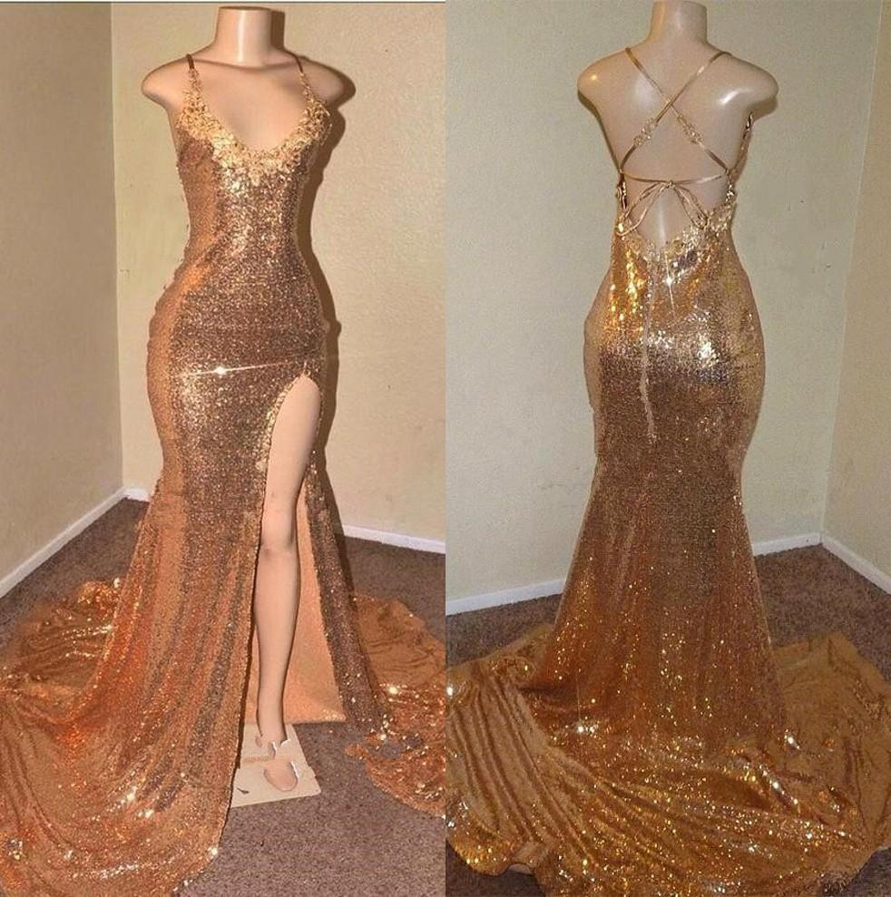 Sexy Gold Sequin Spaghetti-Straps Slit Prom Dresses  cg6260