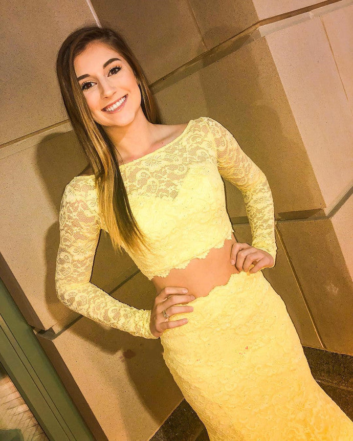 Yellow Lace Two Piece Long Party Dress, Long Sleeve Prom Dress T006