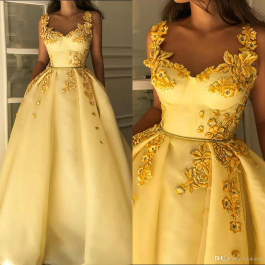 Yellow Prom Dresses A Line Spaghetti 3D Floral Flower Lace Evening Dress Fairy Formal Gowns Party Wear V11