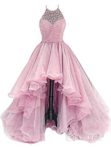 Organza with Beaded Bodice Halter High Low Prom Dress,Pageant Dress KS3306