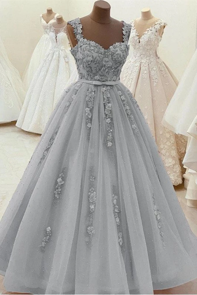 Gorgeous Sweetheart Neck Beaded Gray Floral Lace Prom Dress, Grey Floral Lace Formal Dress, Gray Evening Dress Y2949