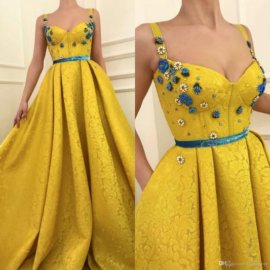 Yellow Prom Dresses A Line Spaghetti 3D Floral Flower Lace Evening Dress Sweep Train Custom Made Fairy Formal Gowns Party Wear V10