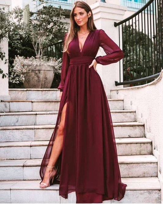 Long Sleeve Burgundy Split Slit Prom Dress, Evening Party Gown H3412