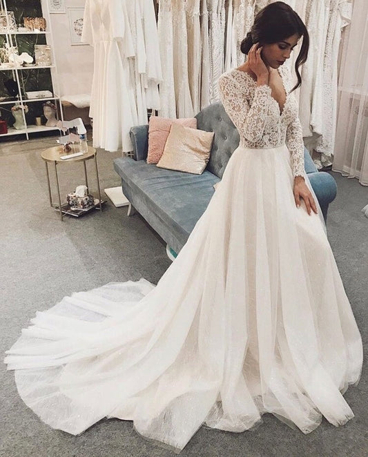 R0125,light white long sleeves women dresses v-neck applique full length fashion dresses party dresses tulle lace wedding dress