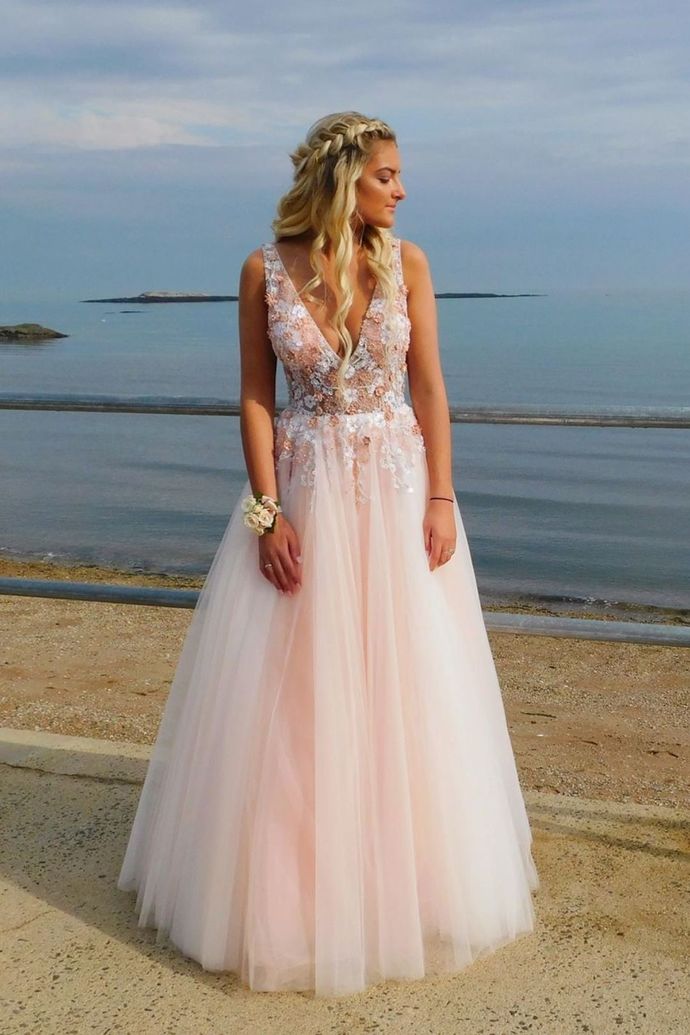 D1161,Pink v neck tulle lace long prom dress, pink tulle evening dress