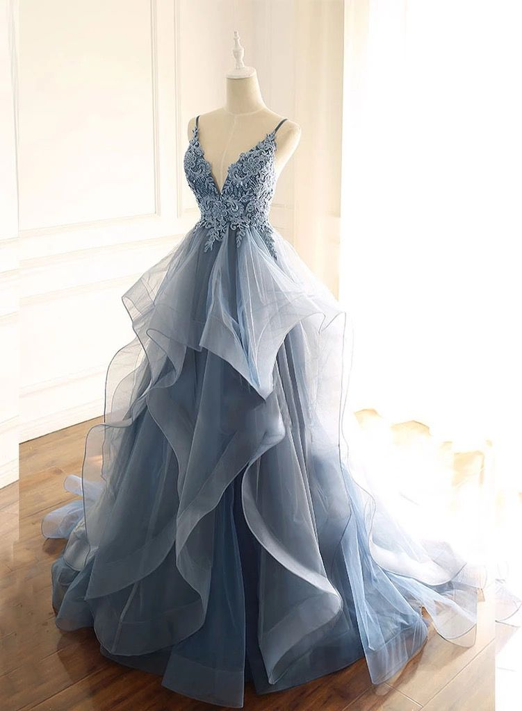 tulle long prom dress with spaghetti straps and ruffled floor length skirt P01330