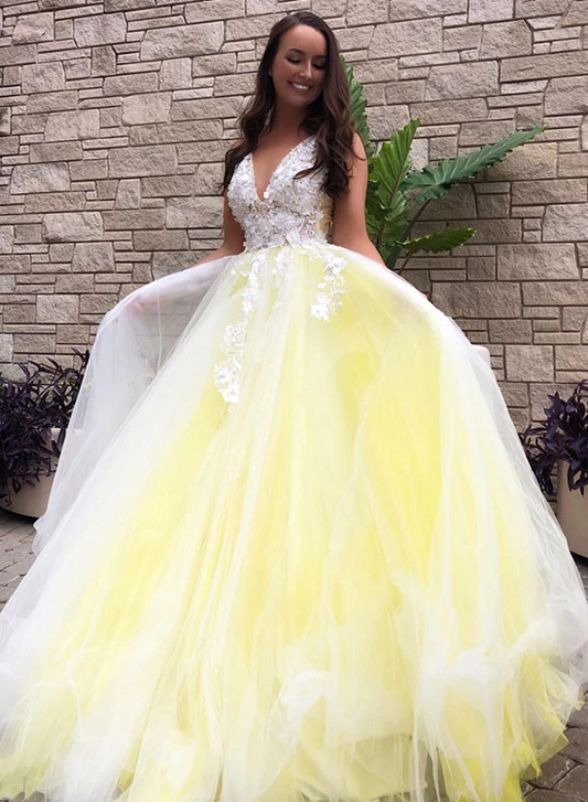 Yellow v neck tulle lace long prom dress, evening dress KS2388