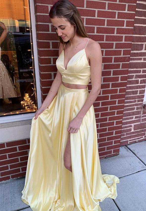 Yellow satin long prom dress evening dress KS4113