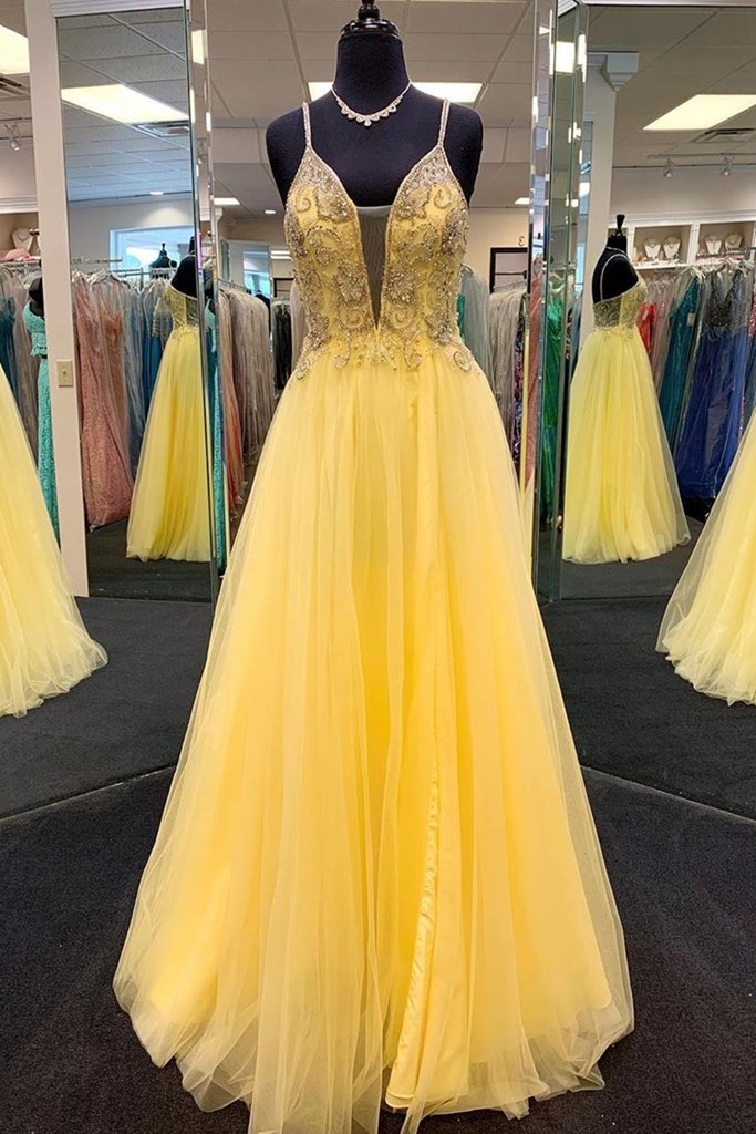 Yellow Tulle Open Back Prom Dress Spaghetti Strap V-neck Crystal Beading Long Dress KS7132