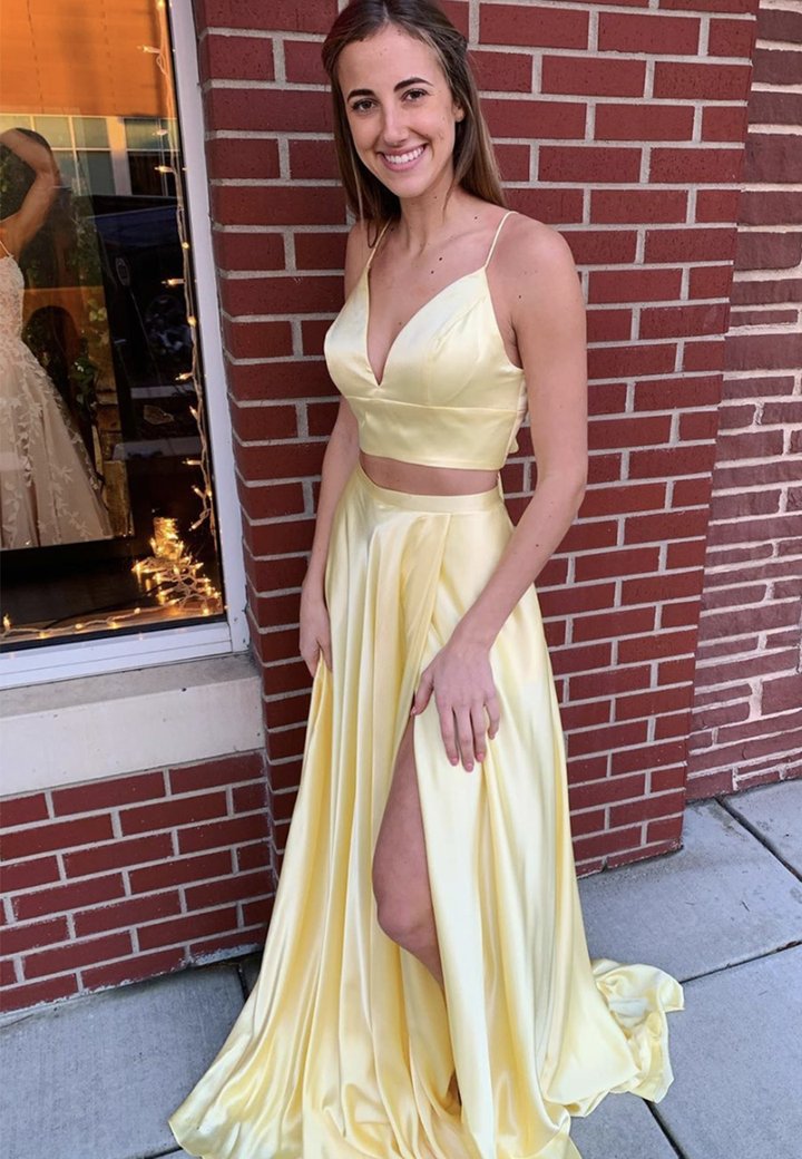 Yellow satin long prom dress evening dress KS4113