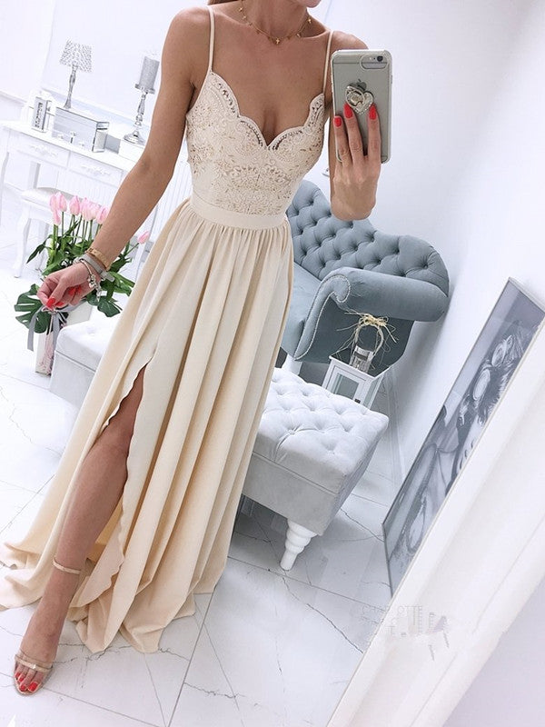 White v neck chiffon lace long prom dress, white formal dress B493