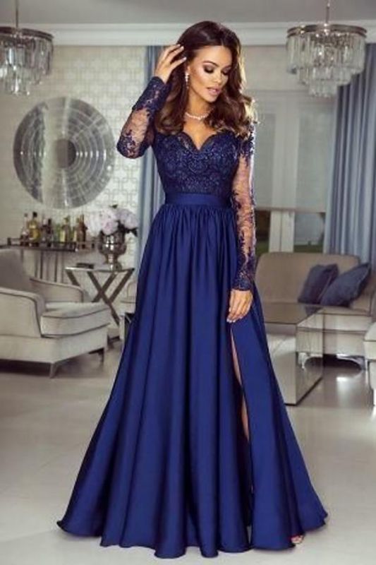 Long Sleeve Appliques Prom Dress, A Line Prom Dresses, Split Slit Evening Dress T825