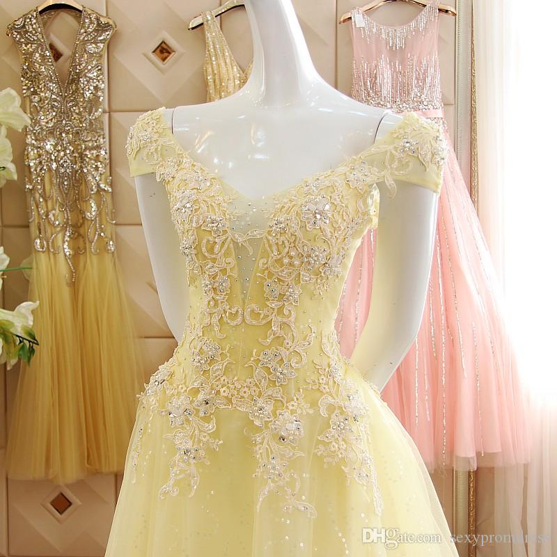 Yellow Tulle Off The Shoulder Lace Prom Dress SA1608